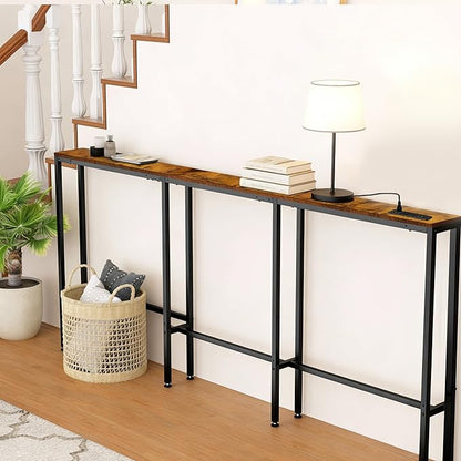 70" Narrow Console Sofa Table with Power Outlets & 2 USB Ports, L Shaped Behind Couch Table Skinny, 3 Assembly Options Entryway Tables with Charging Station for Living Room, Hallway, Brown, 70IN