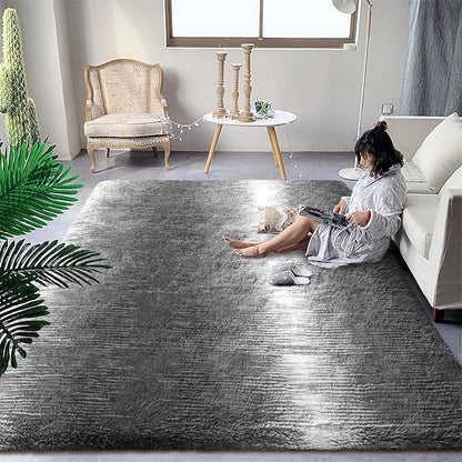 DweIke Luxury Fluffy Kids Rugs for Living Room Bedroom, 4x6 Feet Shaggy Grey and White Area Rug for Girls Boys, Upgrade Plush Non-Slip and Washable Colorful Fuzzy Carpet for Dorm Nursery Decor