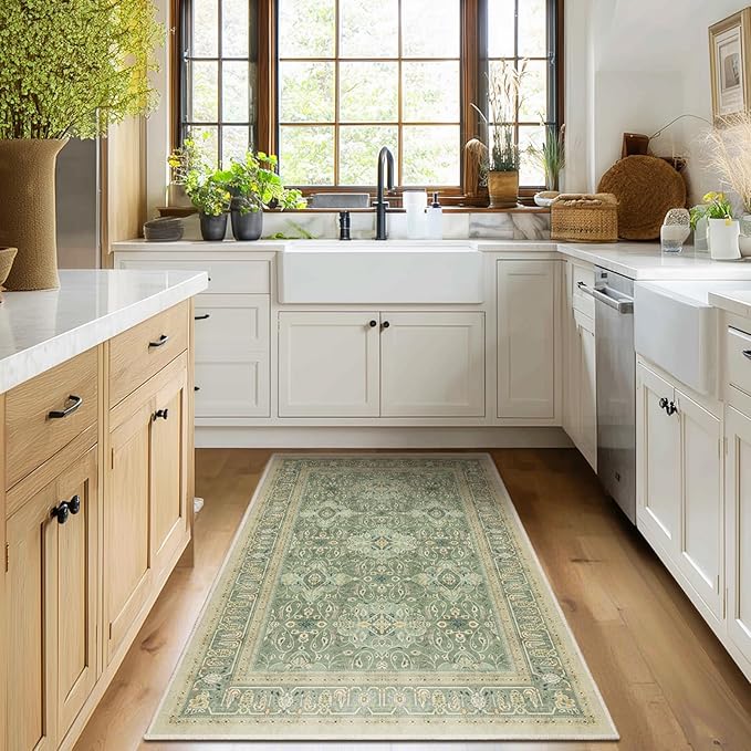Sage Green 3x5 Entryway Rug Indoor, Boho Floral Moroccan Pattern Printed Throw Rugs for Nursery Bedroom Bedside, Low Pile Thin Non Slip Washable Area Rug for Kitchen Foyer Mudroom Dorm