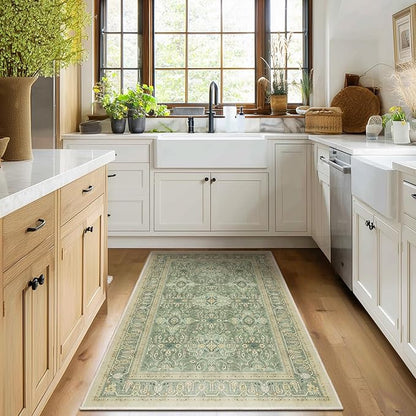 Sage Green 3x5 Entryway Rug Indoor, Boho Floral Moroccan Pattern Printed Throw Rugs for Nursery Bedroom Bedside, Low Pile Thin Non Slip Washable Area Rug for Kitchen Foyer Mudroom Dorm