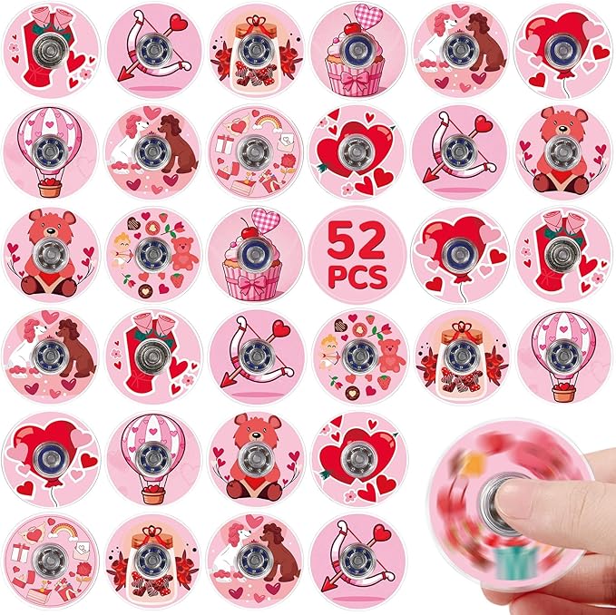 SCIONE 52 PCS Valentine's Day Fidget Spinners for Kids, Pink Heart Fidget Toys Bulk, Mini Sensory Toys for Girls Boys, Valentine's Classroom Exchange Gifts, Kids Party Favors, Treasure Box Prizes