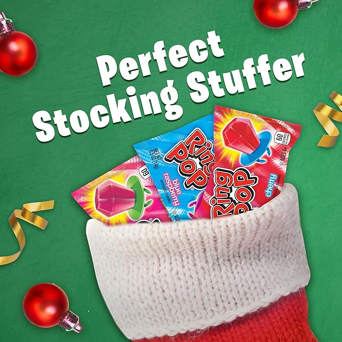 Ring Pop Candy, Christmas Lollipops, 20 Ct Party Favors in Assorted Fruity Flavors - Full Size, Bulk Variety Pack, Individually Wrapped Hard Candy For Stocking Stuffers, Holiday Gifts (Pack of 2)