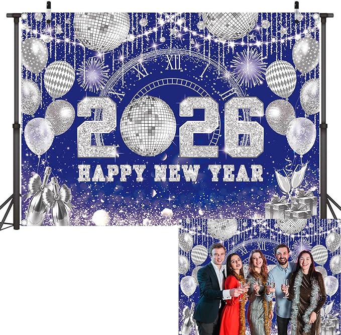 Happy New Year 2026 Black Gold Backdrop 2026 New Year Eve Countdown Photo Background Cheer to 2026 Party Decoration Banner Photo Supplies (Blue, 94x70inch(8x6FT))