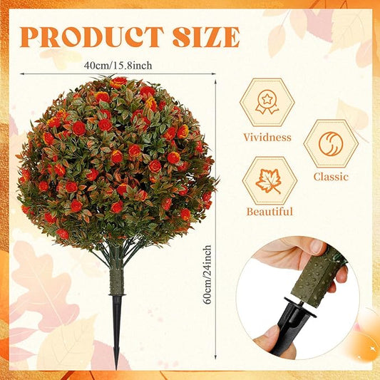 24 Fall Artificial Topiary Ball Trees with Flowers Set of 2, Outdoor Fake Topiary with Ground Spike, UV Resistant Faux Artificial Plant Bushe for Indoor Front Porch Garden(2 Pack, Orange)