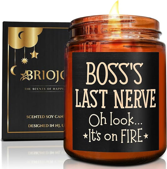 Boss's Last Nerve Candle - Funny Boss Gifts for Women Men - Relaxing Gift for Boss Female, Boss Lady - Fun Bosses Day, Birthday, Thank You for Coworker Nurse Friend - Natural Soy Wax Candle