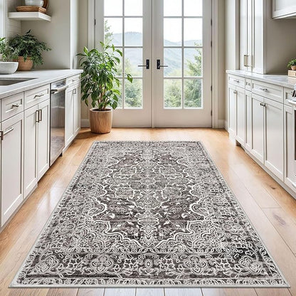 KUTA Vintage Area Rug 4x6 Living Room, Washable Rugs Distressed Tribal Tan Grey, Non-Slip Dining Room Carpet, Soft Low Pile Printed Cozy Small Area Throw for Bedroom, Nursery