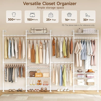 H4 Wall Mounted Closet System, Expandable Industrial Pipe Clothes Rack Clothing Rack for Hanging Clothes, Heavy Duty Closet Organizers and Storage in Wardrobe Closet - White