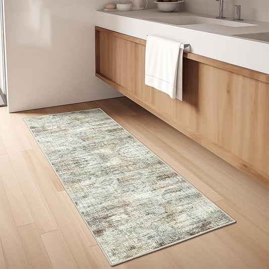 Washable Runner Rugs for Bedroom - 2x6 Runner Rug Non Slip, Ultra-Thin Entryway Runner, Soft Abstract Kitchen Runner for Hallway, Laundry, Bathroom, Indoor Door Mat(2'x6', Grey/Rust)