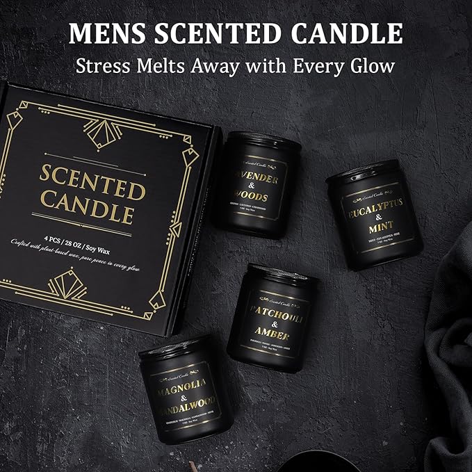 Scented Candles for Men, 4 Pack Mens Candles for Home Scented, 28oz Soy Wax Candles Set - Lavender/Patchouli/Sandalwood/Eucalyptus, Aromatherapy Candles Gift Idea for Dad, Husband, Boyfriend