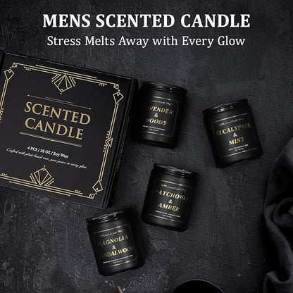 Scented Candles for Men, 4 Pack Mens Candles for Home Scented, 28oz Soy Wax Candles Set - Lavender/Patchouli/Sandalwood/Eucalyptus, Aromatherapy Candles Gift Idea for Dad, Husband, Boyfriend