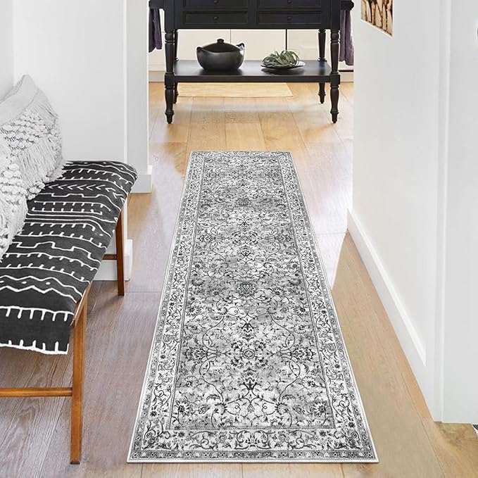KILOCOCO Moroccan Kitchen Runner Rug 2x5 Runner Rug Washable Hallway Runners Printed Vintage Floral Non-Slip Rubber Backed Low Pile Distressed Boho Runners for Laundry Room Bedroom, Light Gray White