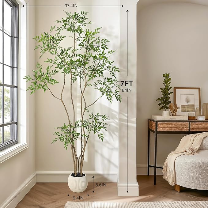 Garvee Nandina Artificial Plants with Sphere Planter Pot, Artificial Tree Indoor with Moss and Pebbles, 7FT Fake Potted Tree for Indoor & Home Office Decor