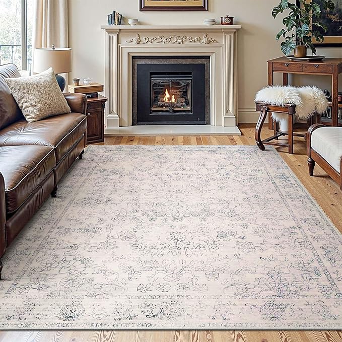 jinchan 8x10 Machine Washable Area Rugs for Living Room – Vintage Floral Soft Stain Resistant Low Pile Rug,Non Slip Ultra-Thin Carpet for Bedroom,Dining Room,Home Office,Nursery (8'x10',Ivory)