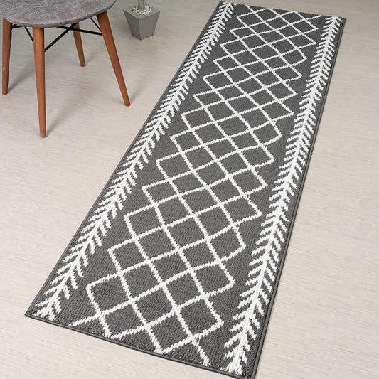 10 Ft Non-Slip Grey Soft Indoor Bohemian Trellis Hallway Kitchen Runner Rug, 2'7" X 10' Washable Carpet - Rubber Backed, Custom Size Floor Mat for Entryway Stairs Bedroom Bathroom
