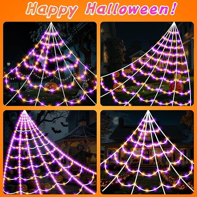 Halloween Spider Giant Web Lights: 350 LED Lighted Giant 23 Ft Halloween Decorations Light up with 8 Lighting Modes Outdoor Indoor Yard House Decor, Purple & Orange (350LED 23FT Giant Spider Web)