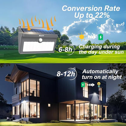 2 Pack Solar Motion Lights Outdoor Waterproof, 270° Wide Angle,3 Modes Solar Wall Lights, Anti Glare Solar Powered Flood Lights for Fence Garage Garden Patio Yard