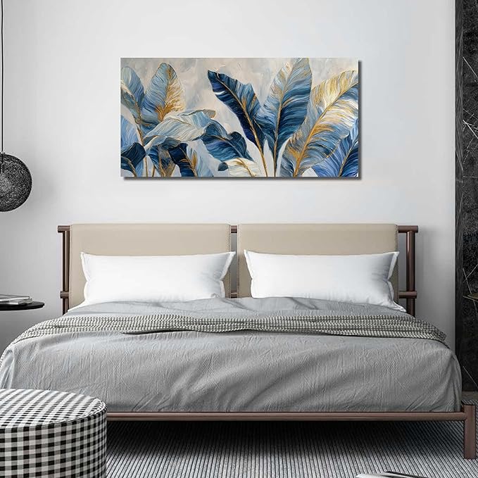 JuhaiArt Gold Banana Leaf Canvas Art for Living Room Bedroom Blue Botanical Picture White Wall Decor 24" x 48"