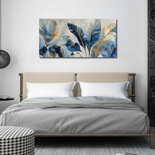 JuhaiArt Gold Banana Leaf Canvas Art for Living Room Bedroom Blue Botanical Picture White Wall Decor 24" x 48"