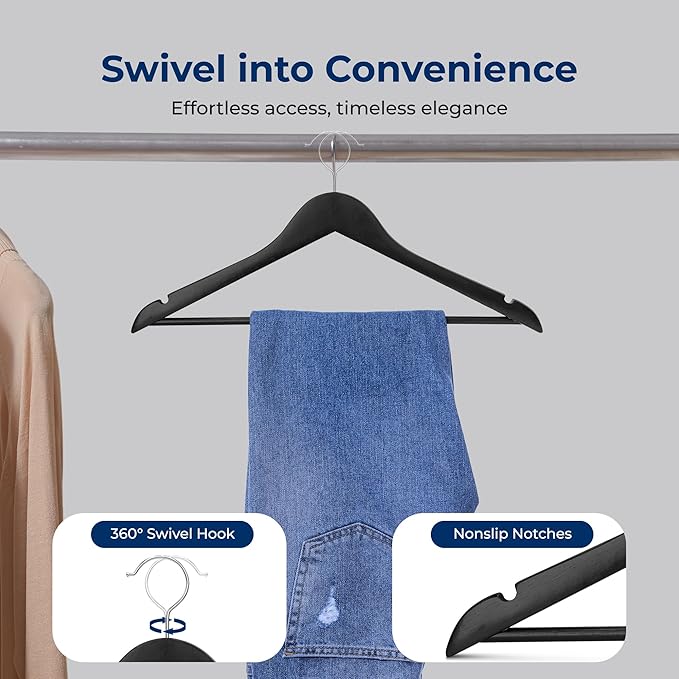 SereneLife 50-Pack Wooden Coat Hangers – Durable Suit Hangers with 360° Swivel Hook & Notches – Slim Design for Shirts, Jackets, Dresses, and More