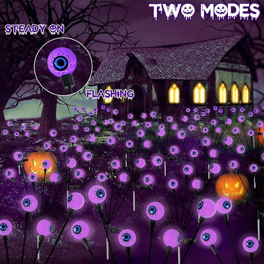 4 Pack Halloween Decorations Outdoor Waterproof, 24 LED Purple Solar Eyeball Lights, Swaying Firefly Light (Slow Glow or Steady on), for Garden Grave Yard Lawn Haunted House Decor