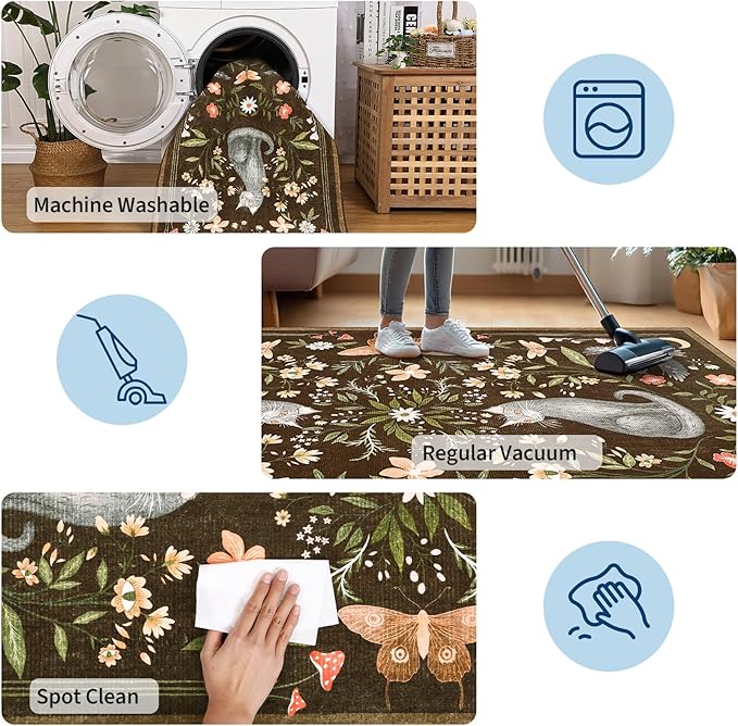 GarveeHome 3x5 Cat Washable Area Rug for Entryway, Mushroom Floral Brown Bedroom Rug Non Slip Low Pile Butterfly Carpet Stain Resistant Throw Rug for Kitchen Dorm Kids Room Office Dining Room