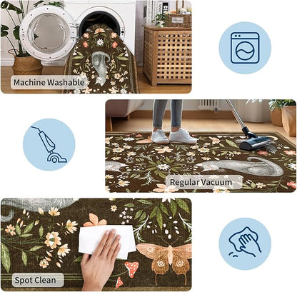 GarveeHome Round Area Rugs 5ft for Bedroom, Cat Brown Washable Circle Rug Soft Non Slip Mushroom Floral Floor Mat Carpet Indoor Thin Rug for Bedroom Dining Room Playroom Nursery Gothic Decor