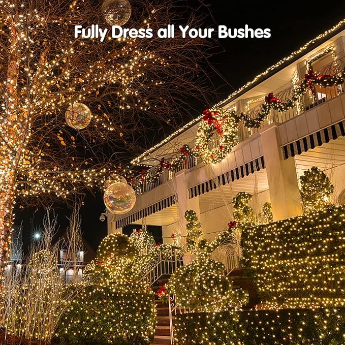 BlcTec Christmas Lights Outdoor 360 LED 9.8ft x 6.6ft Christmas Net Lights with 8 Modes, UL Certified, Timer, Connectable, Waterproof for Bushes, Shrubs, Yard Outdoor Xmas Decorations, Warm White