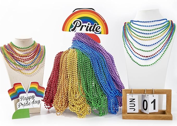 200PCS Pride Accessories, LGBTQ Pride Beads Necklace Accessories, 6 Kinds of Metallic Beads Necklace Bulk, Gay Lesbian Pride Necklace, Costumes Decor for Pride Month Parade Throws Party Favors