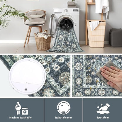 Washable 5×7 Area Rug for Living Room, Vintage Floral Rug Soft Non Slip Stain Resistant Boho Carpet for Indoor Bedroom Dinning Room Home Office Blue/Navy