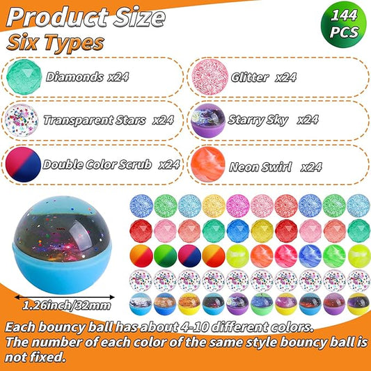 144 Pcs Bouncy Balls Bulk 32mm Bounce Balls 6 Styles High Bouncing Balls Toys for Kids Party Favors Birthdays Gift Classroom ssorted Colorful High Bouncing Ball for Boys Gilrs Birthday Carnival Prizes