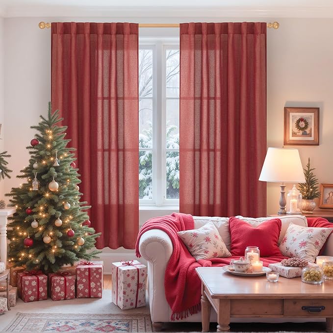 YoungsTex Burgundy Red Linen Curtains for Living Room 72 Inches Long - Light Filtering Drapes with Back Tab Rod Pocket Privacy Semi Sheer for Bedroom Windows, 2 Panels 52 X 72 Inch