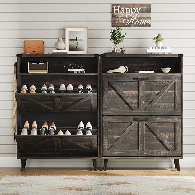 Vabches Shoe Storage Cabinet with 2 Flip Drawers,Freestanding Narrow Shoe Organizer with Open Storage,Hidden Slim Shoe Rack Cabinet for Entryway,Dark Rustic Oak (2 Pack)