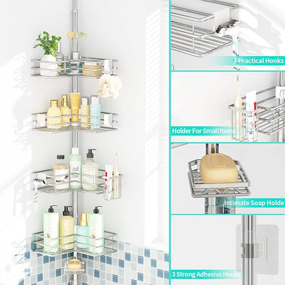 HapiRm Corner Shower Caddy Organizer - Shower Organizer Corner with Soap Holder, Toothbrush Holder and 4 Hooks, Rustproof Bathroom Shelf Tension Pole Available for 27.6 to 108.3 Inch - Silver