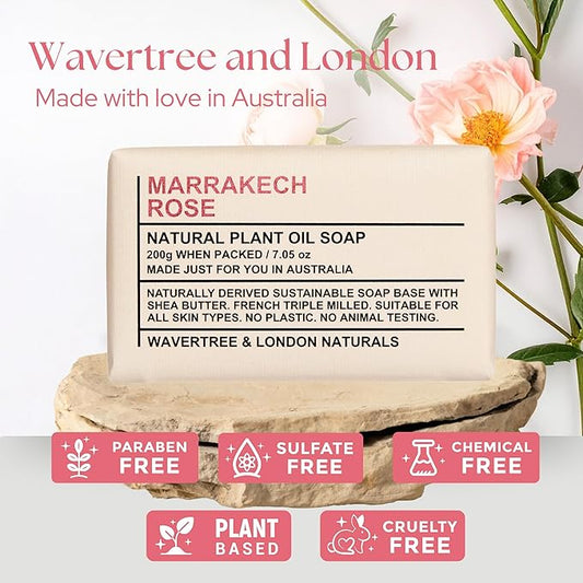 Wavertree & London Marrakech Rose Scented 100% Natural Soap Bar, 7oz Moisturizing French Triple Milled Soap Bar for Women & Men Enriched with Organic Shea Butter, Pure Bath & Body Soap (1 Bar)