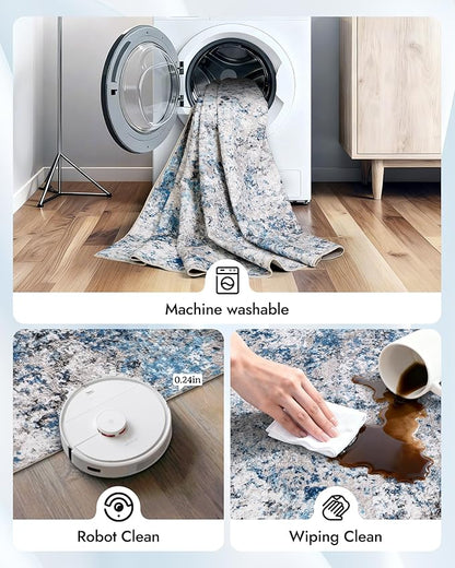 AUKOW Modern Abstract Washable Area Rugs - 3x5 Contemporary Soft Mat Stain Resistant Non Slip Low Pile Indoor Throw Rug for Bedroom Kitchen Office Chair Desk - Grey/Blue