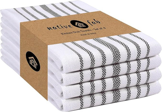 Native Fab 100% Cotton Grey Kitchen Towels 4 Pack 16x26 inches - Herringbone Weave Scandia Stripe Dish Towels for Drying, Absorbent Dish Cloths Set with Hanging Loop - Grey White