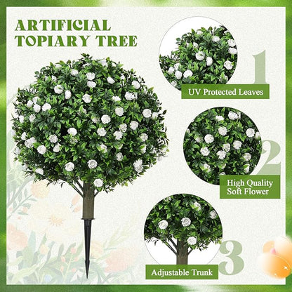 24 Artificial Topiary Ball Tree with Flower Set of 2,Outdoor Fake Topiary with Ground Spike,UV Resistant Faux Artificial Plant Bushes for Indoor Outdoor Front Porch Garden Decor(White)