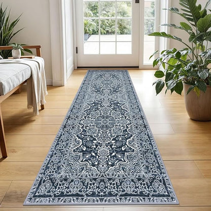 KUTA Vintage Washable Runner Rug, 2x5 Runners Non-Slip Navy Blue 5ft Hallway Kitchen Rugs Ultra Soft Printed Distressed Tribal Farmhouse Carpet for Bedroom Entryway Decor