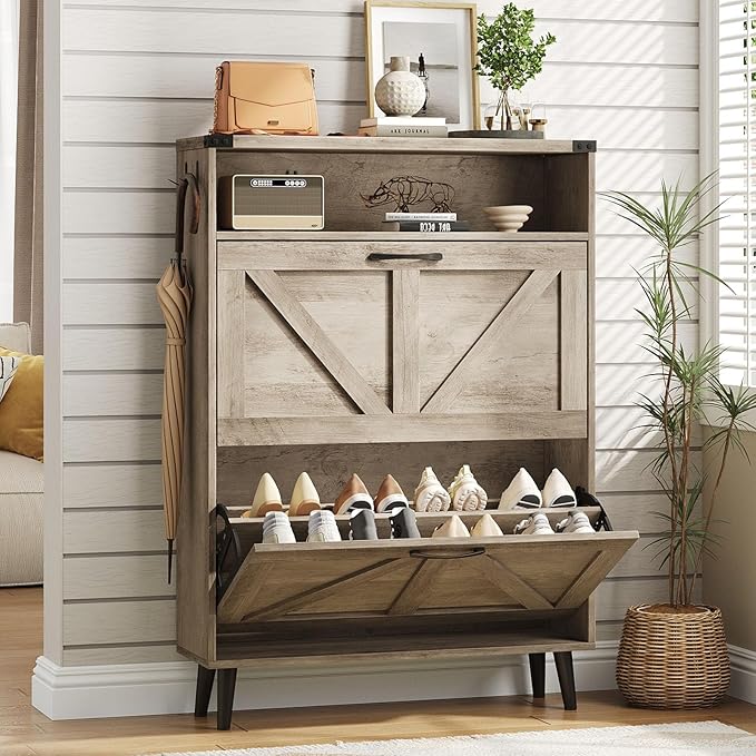 Vabches Shoe Storage Cabinet with 2 Flip Drawers,Freestanding Narrow Shoe Organizer with Open Storage,Hidden Slim Shoe Rack Cabinet for Entryway,Hallway,Grey
