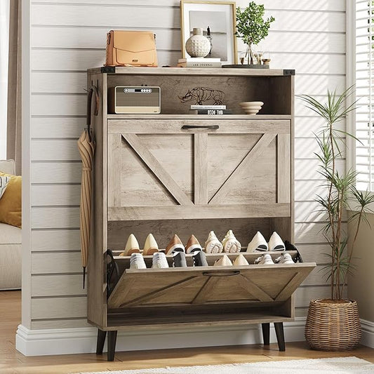 Vabches Shoe Storage Cabinet with 2 Flip Drawers,Freestanding Narrow Shoe Organizer with Open Storage,Hidden Slim Shoe Rack Cabinet for Entryway,Hallway,Grey