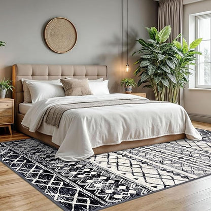 KUTA Moroccan 8x10 Area Rugs Black Navy Blue, Washable Boho Living Room Rug Non-Slip, Ultra Soft Geometric Print Tribal Traditional Farmhouse Carpet for Dining Bedroom Dorm Office Home Decor