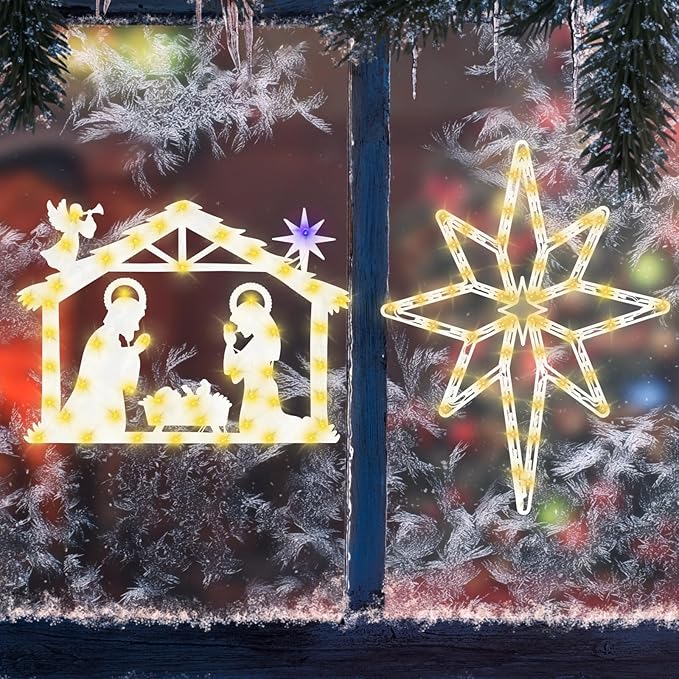 Christmas Decorations - 16" Christmas Window Silhouette Lights - 2 Pack Colour Lighted Bethlehem Star & Nativity for Holiday Indoor and Outdoor Wall Door Window Decorate