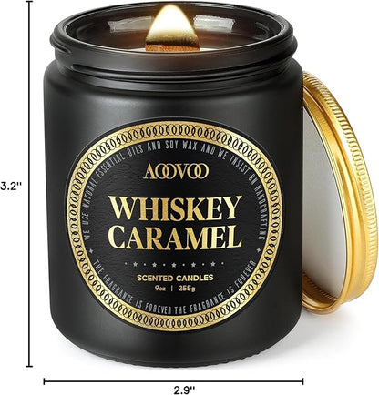 AOOVOO Scented Candles for Men - Premium Whiskey Caramel Candle for Home Scented | Crackling Wood Wick Soy Candles | Strong Fragranced Masculine Black Jar Candle Gift for Women & Men, AO-LZY0157