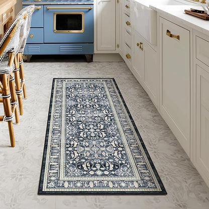 Dark Blue 2x5 Rug Runners for Hallways, Non Slip Machine Washable Kitchen Runner, Low Pile Lightweight Carpet Runner for Entryway/Bathroom/Corridor/Laundry Room, Transitional Floral Trellis