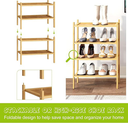 BMOSU 2-Tier Bamboo Small Shoe Rack Premium Stackable Shoe Shelf Storage Organizer for Hallway Closet Living Room Entryway Organizer(Natural)