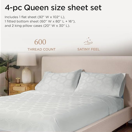 Threadmill 100% Cotton Sheets for Queen Size Bed - 600 Thread Count Queen Bed Sheets Set with 16” Deep Pocket - Jacquard Sateen Weave 4-Piece Bedding Set with Cooling Effect, Light Grey