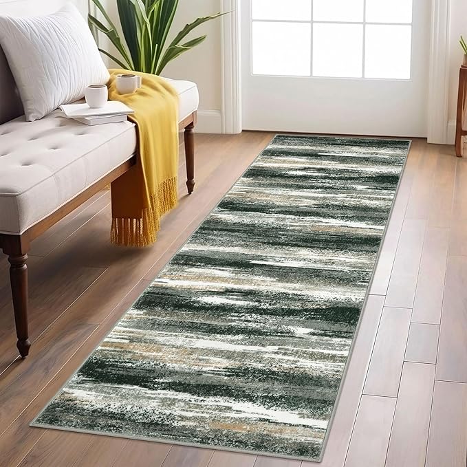 Modern Abstract Runner Rug 2x6, Forest Green Washable Kitchen Runner Non-Slip Soft Hallway Rug Runner Thin Print Faux Wool Carpet for Entryway Bedroom Laundry Room Indoor Home Decor