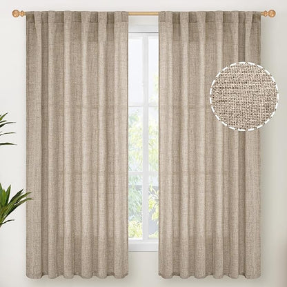 YoungsTex Dark Oatmeal Curtains 63 Inches Long for Living Room Window, Linen Semi Sheer Drapes Light Filtering with Rod Pocket Back Tab for Bedroom Farmhouse Rustic Privacy, 2 Panels, 52 X 63 Inch