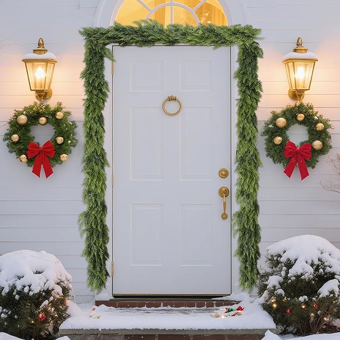 9FT Real Touch Norfolk Christmas Pine Garland Set of 2, Lifelike Artificial Bendable Greenery Garland for Front Door, Mantle, Staircase, Windowsill Indoor Outdoor Christmas Decorations