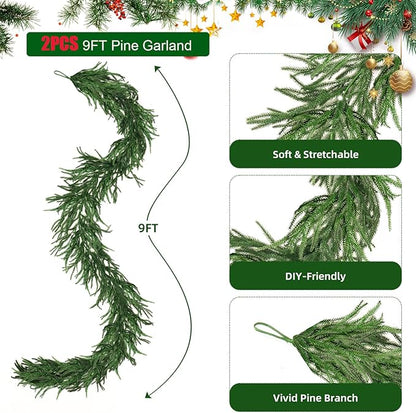 Christmas Norfolk Pine Garland, 2PCS 9Ft Real Touch Artificial Pine Greenery Christmas Garlands for Table Fireplace Wall Home Indoor Outdoor Decoration